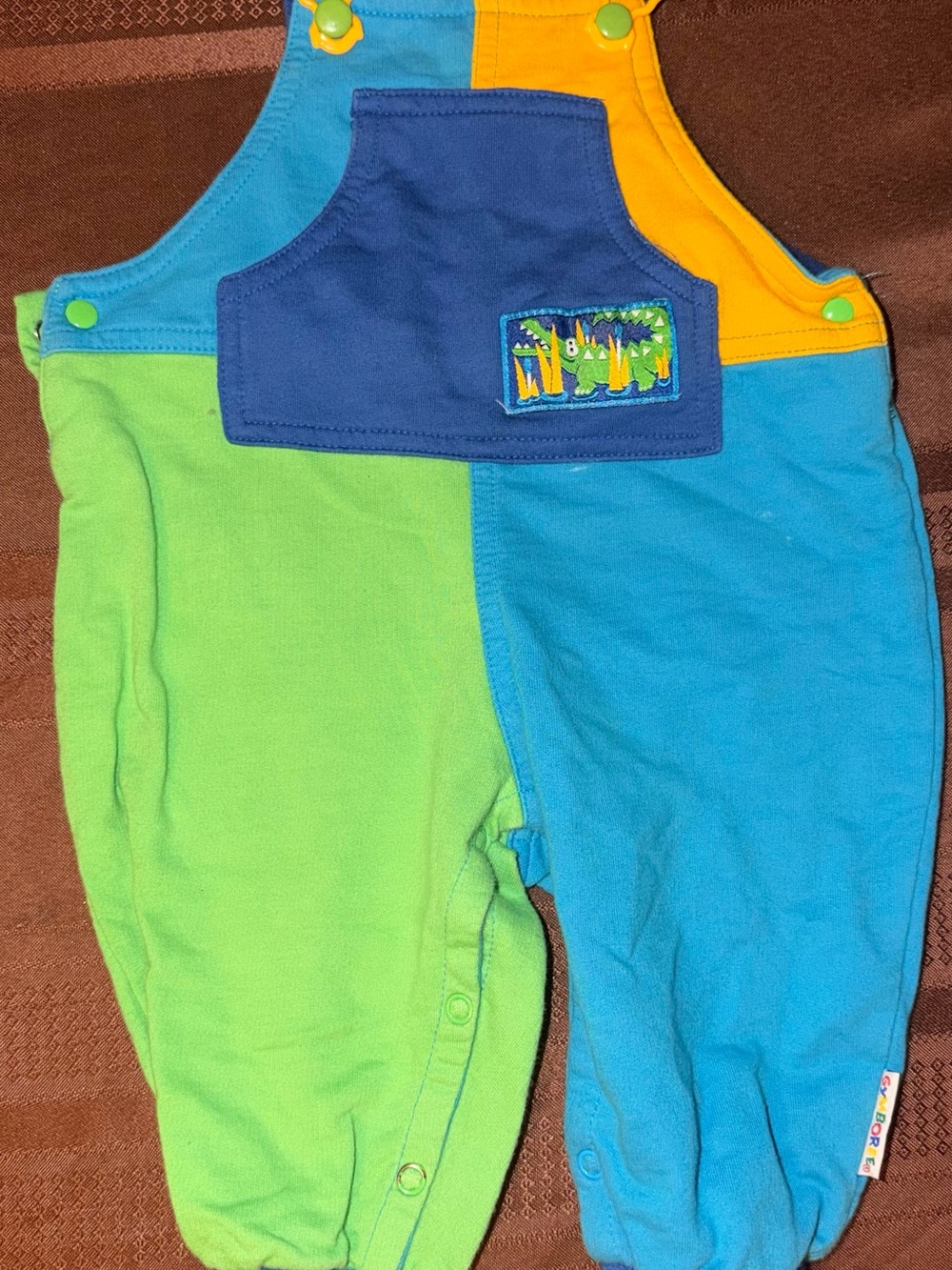 Vintage Gymboree Colorblock Baby Overalls in Lime Green & Aqua with Navy Pocket